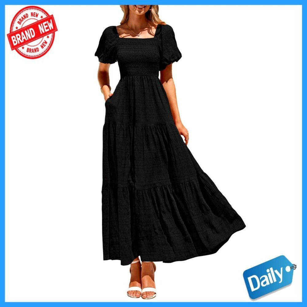Maxi Dress with Puff Sleeves Square Neck Smocked Tiered Ruffle Flowy Beach